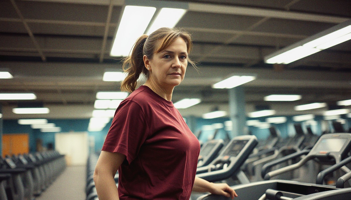 A middle-aged woman in a plain burgundy t-shirt stepping off a treadmill in a UK gym during the afternoon.