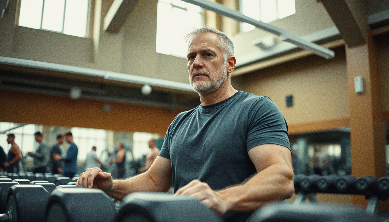A middle-aged man in a plain charcoal t-shirt doing a dumbbell row on a bench in a UK gym.