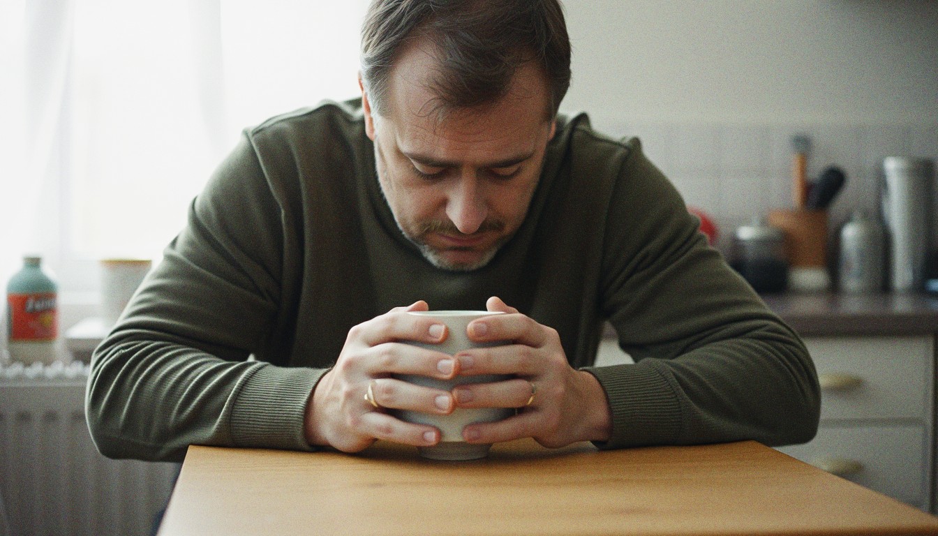 A tired man in an olive jumper sitting slumped at a kitchen table holding a plain mug in afternoon window light.