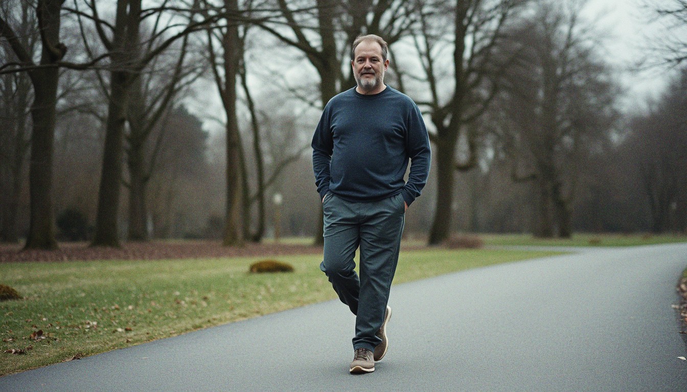 Middle-aged man walking slowly along a park path on a grey day wearing plain joggers and a sweatshirt.
