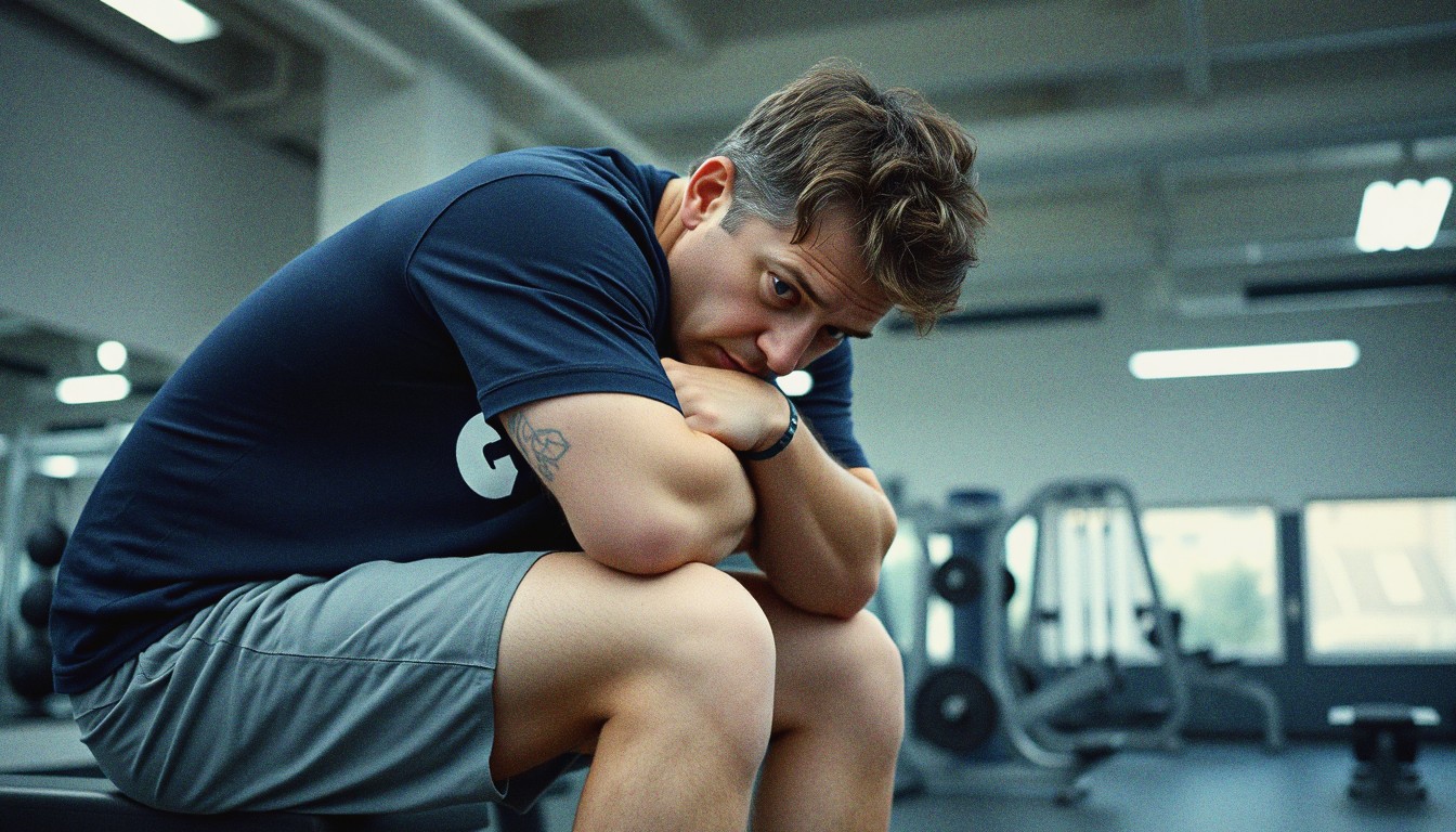 Tired man in plain gym clothes sitting on a bench resting after a workout in a real gym.