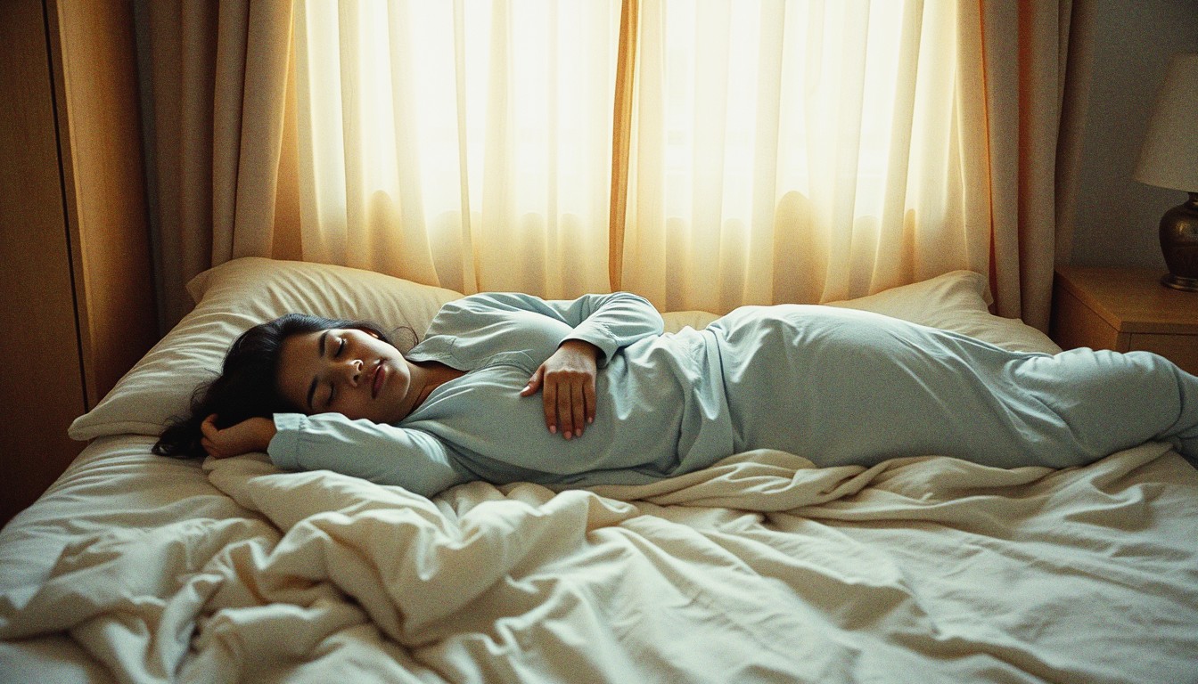 Woman asleep in a plain bedroom with soft morning light coming through the curtains.