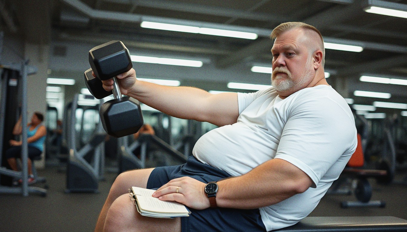 A heavyset man in his forties doing a dumbbell row on a bench in a gym, with a notebook beside him and other gym-goers visible in the background.