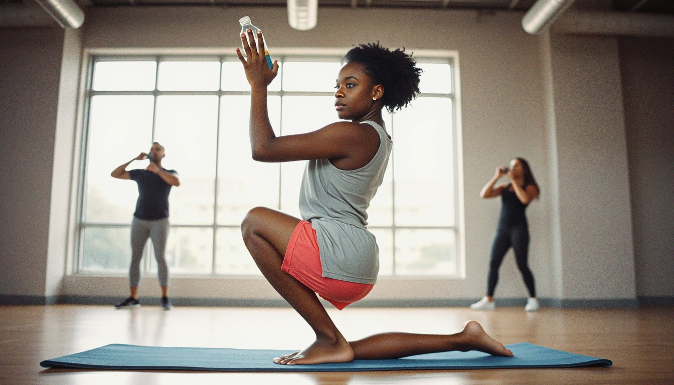 A young woman in coral shorts and a grey vest stretching her hip flexors on a mat by a gym window, with other people warming up behind her.