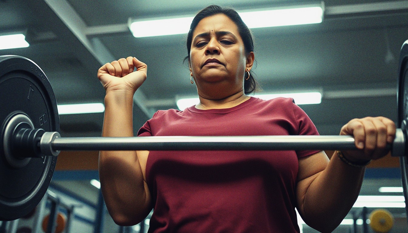 A middle-aged South Asian woman completing a heavy deadlift in a fluorescent-lit gym, her face showing intense exertion.