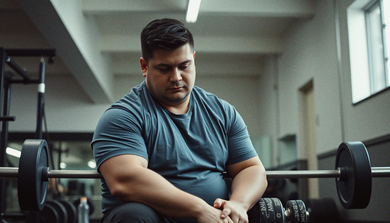 A man resting between sets on a weight bench in a modest gym, head dropped with elbows on his knees, looking tired but focused.