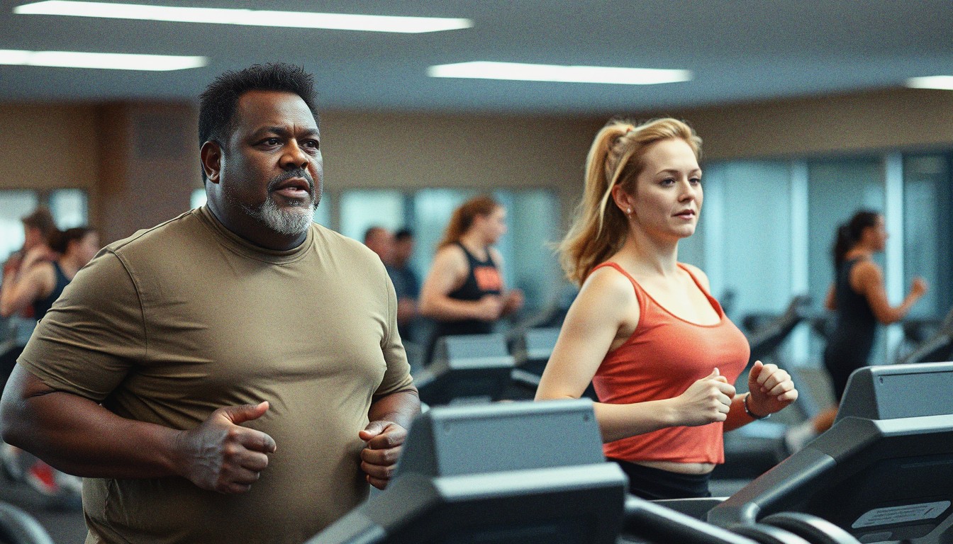 A middle-aged man and a woman running hard side-by-side on treadmills in a busy UK gym, both visibly out of breath.