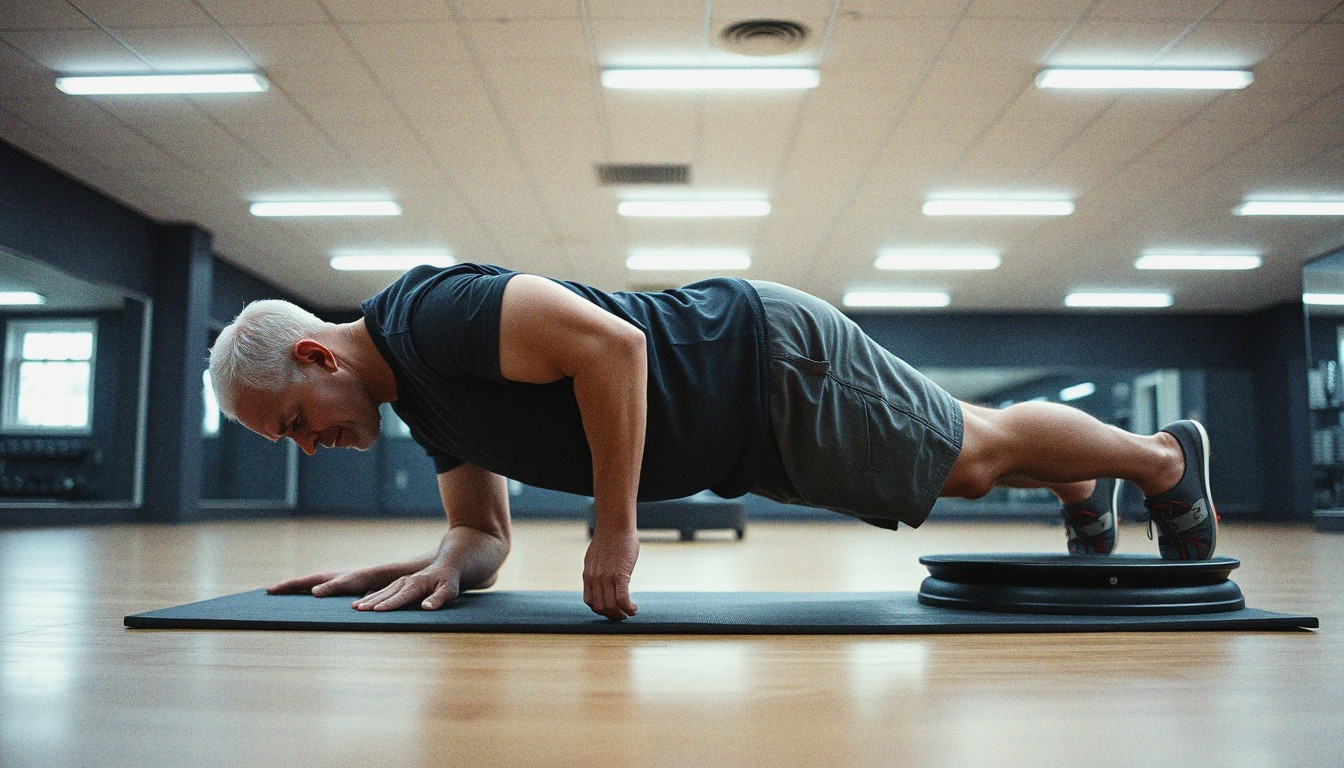 An older man doing a forearm plank on a gym mat with a BOSU ball resting nearby.
