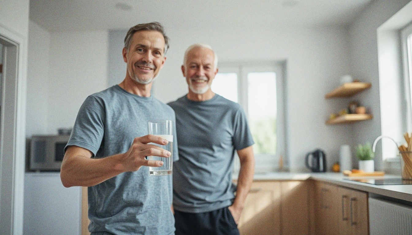 A middle-aged man holds a glass of water with creatine powder in a sunlit kitchen.