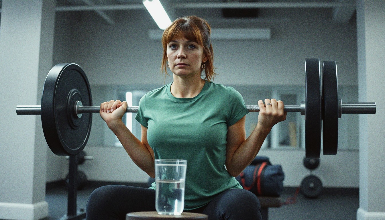 A woman in plain workout clothes performing barbell squats in a UK gym with her water and bag visible on a bench behind her.