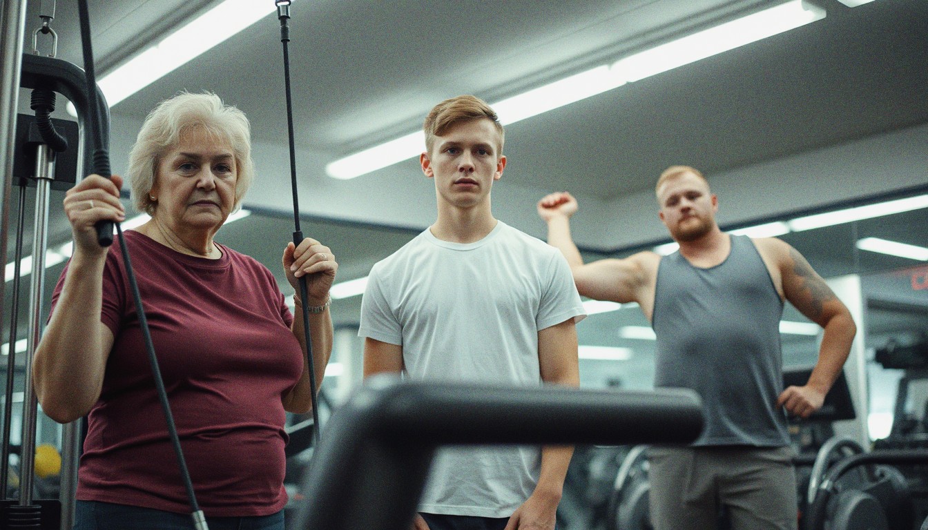 Three ordinary gym members of different ages and builds working out in a typical UK gym under fluorescent lighting.