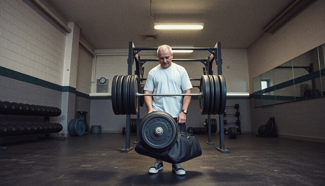 A man loading heavy plates onto a barbell with his bag still on the floor beside him in a basic gym.