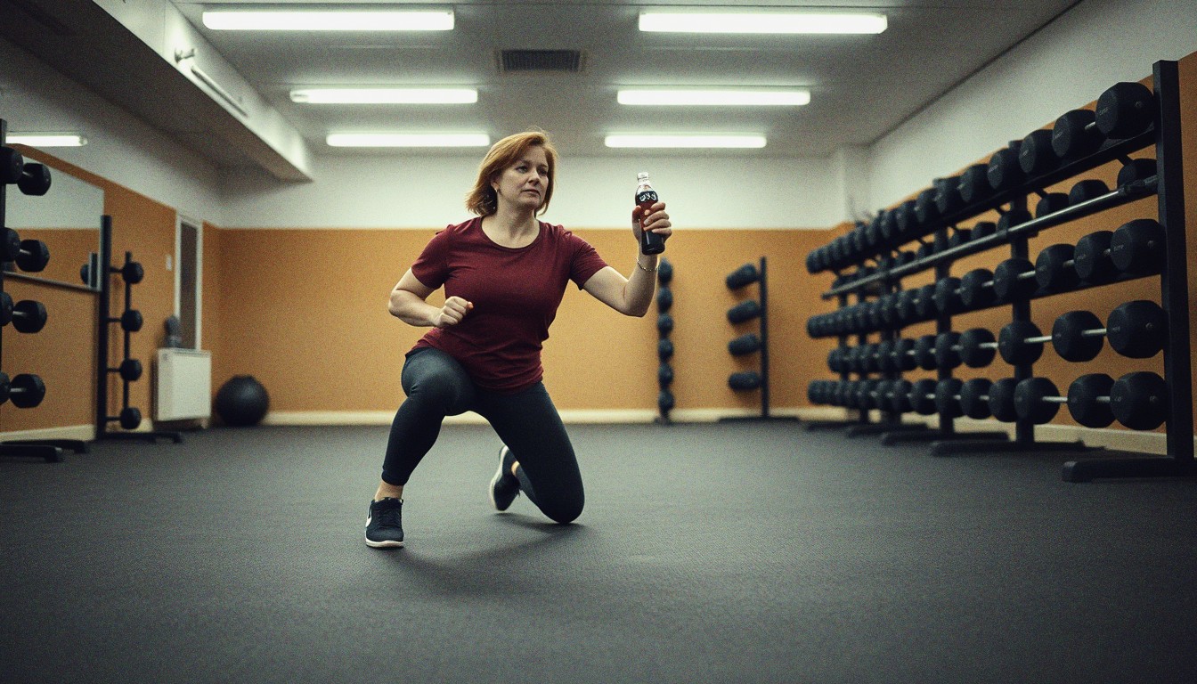 A woman doing bodyweight lunges on a gym floor with barbells on a rack in the background.