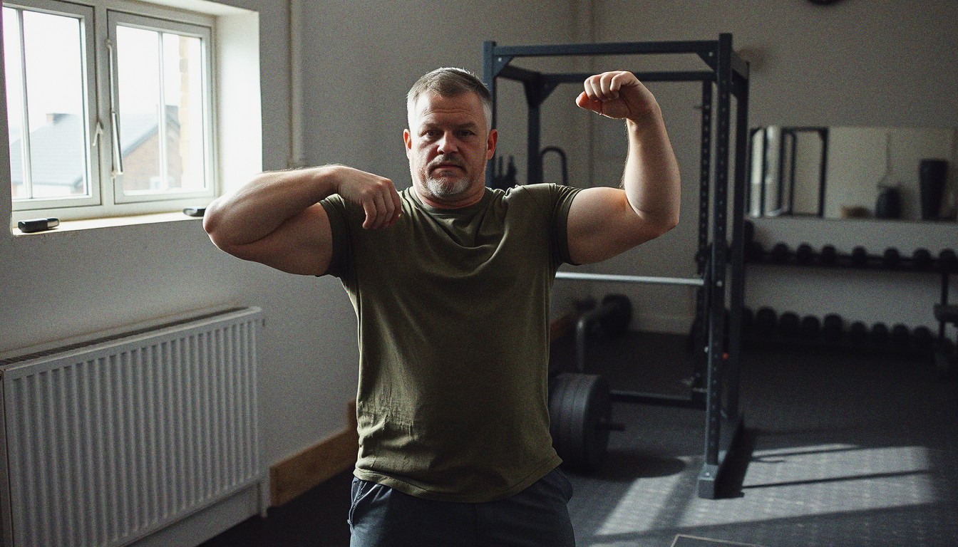 A man doing arm circles next to a squat rack in a small gym lit by natural light from a window.