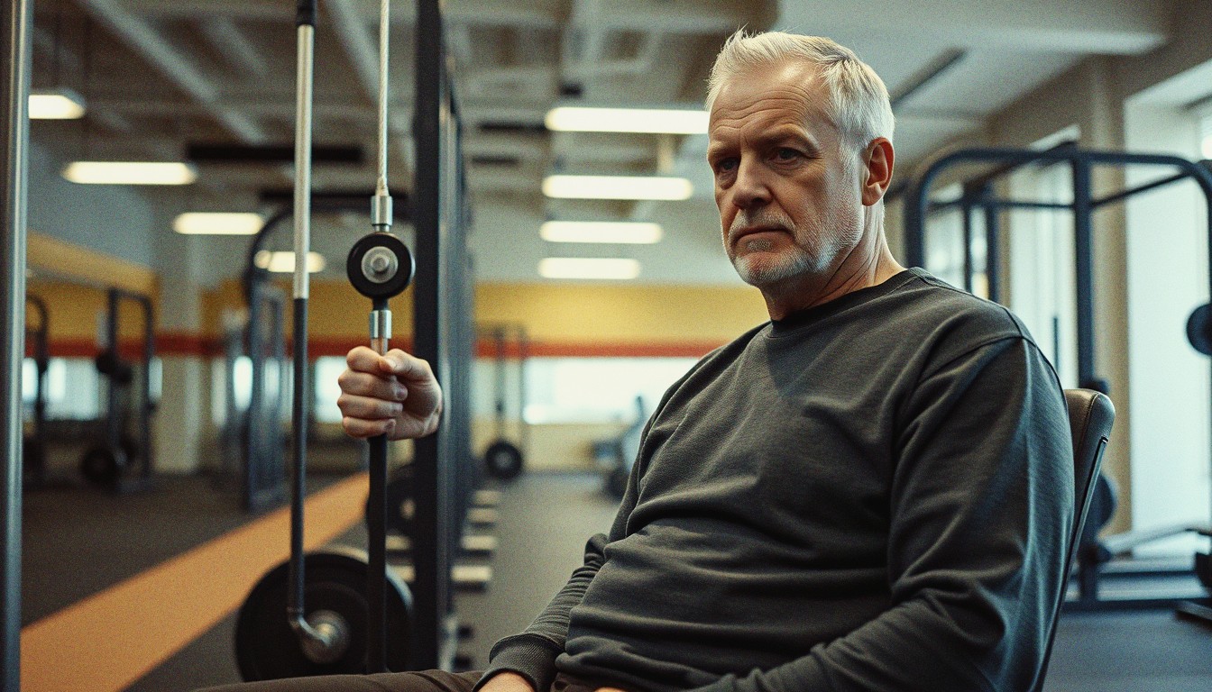 A man in his fifties adjusting a cable machine weight pin between sets in an ordinary UK gym.
