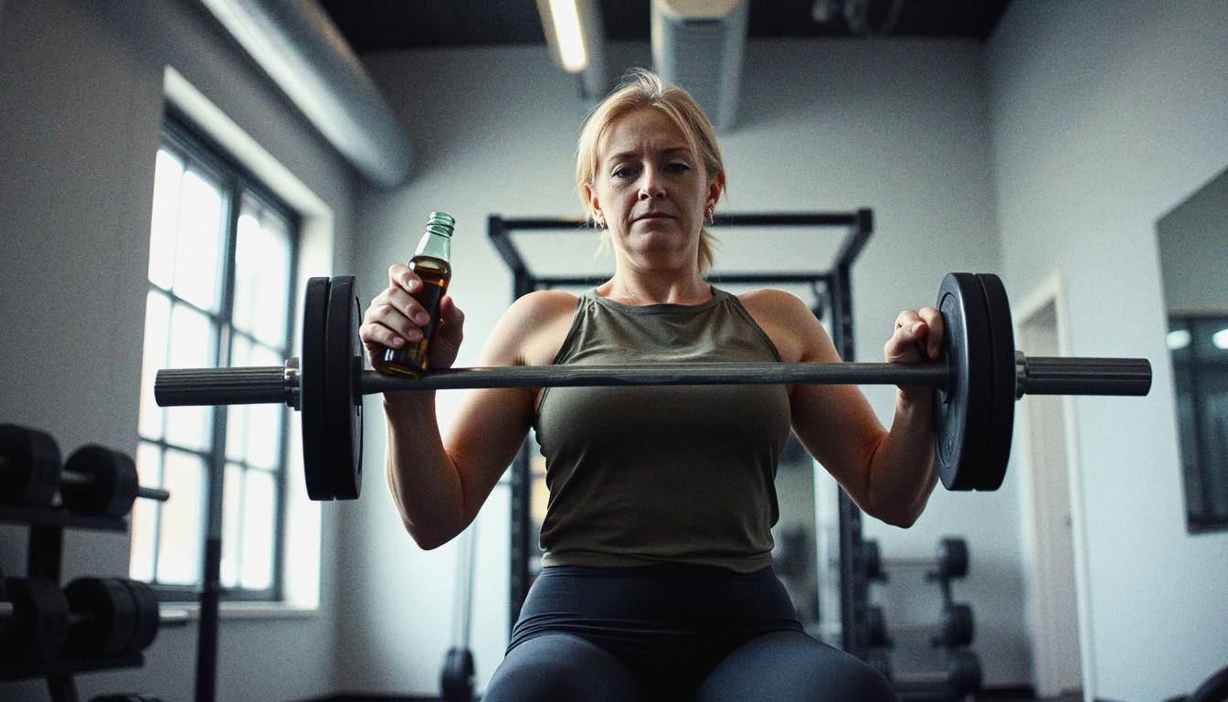 A woman in her late thirties performing barbell rows with calm, controlled form in a small gym.