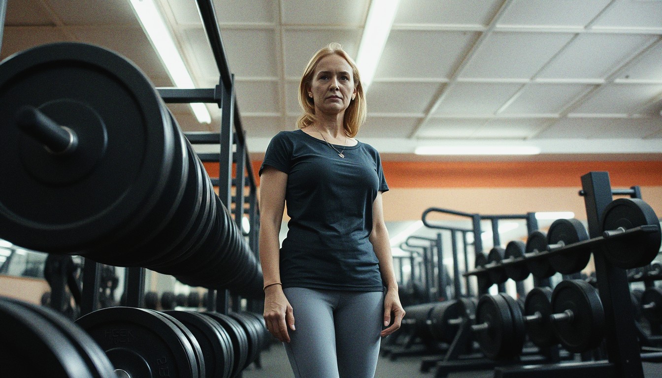 A woman in her late thirties stands beside a barbell rack in a UK gym, pausing between sets under fluorescent lighting.