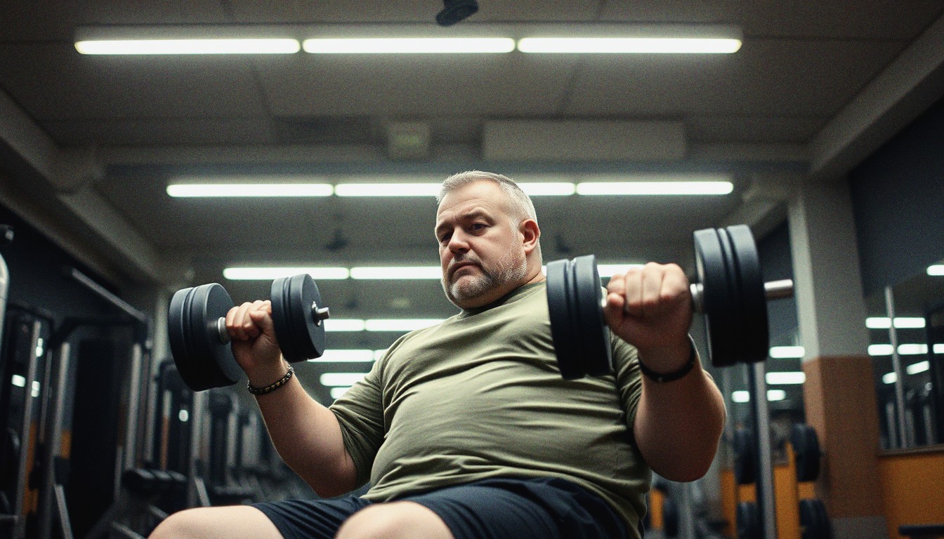 A stocky man in his forties performs a dumbbell row over a bench in a UK gym under fluorescent lighting.