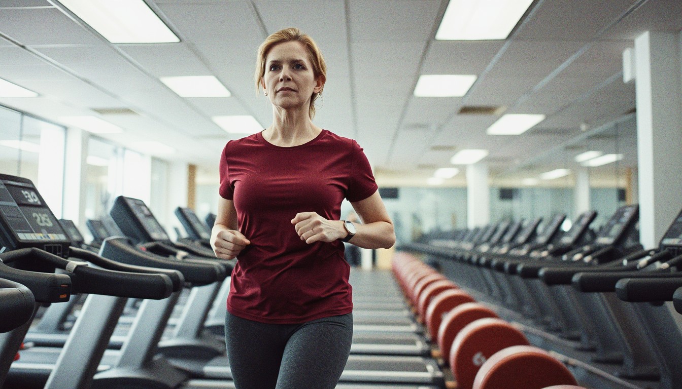 A woman in her mid-thirties walks on a treadmill in a busy UK gym under fluorescent lighting.