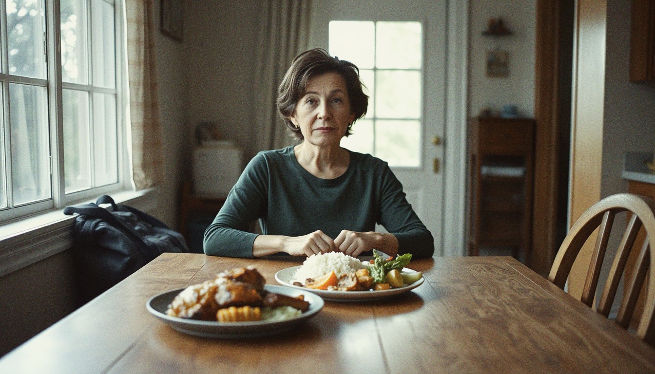 A woman sits at a kitchen table eating a meal of rice, chicken and vegetables with her gym bag on the floor beside her.