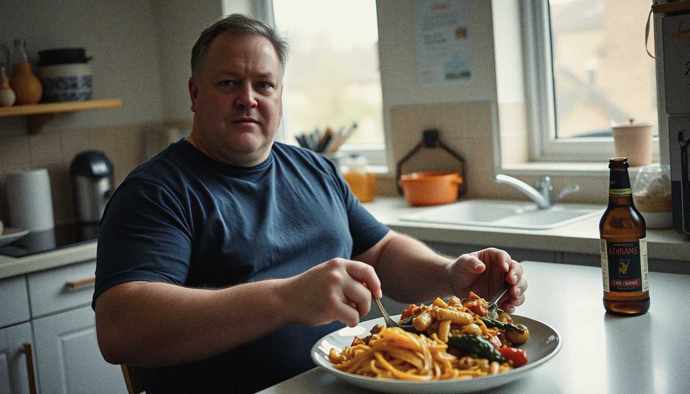 A middle-aged man sits at a kitchen table eating a plate of pasta and roasted vegetables before going to the gym.