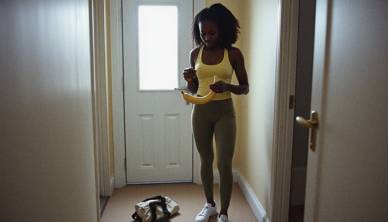 A young woman in plain gym clothes peels a banana in her hallway with her gym bag at her feet, about to leave for the gym.