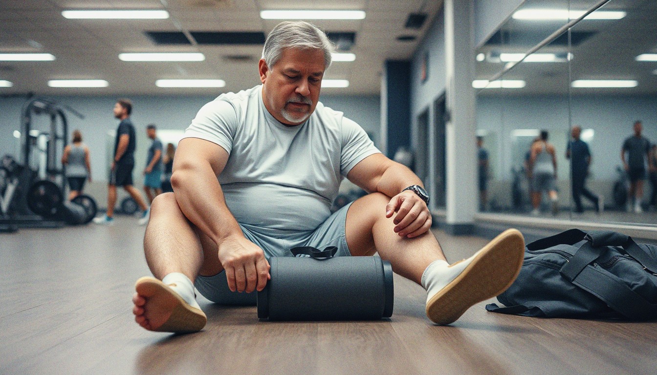 A tired older man rolling a foam roller along his calf on a gym floor after a workout session, with a gym bag against the wall behind him.
