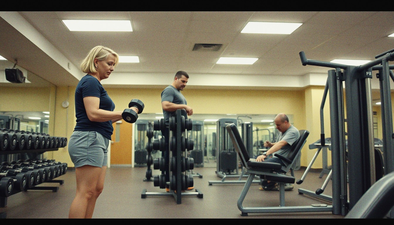 A middle-aged woman picking up a dumbbell from a rack in a UK gym while a man in his forties uses a resistance machine in the background.