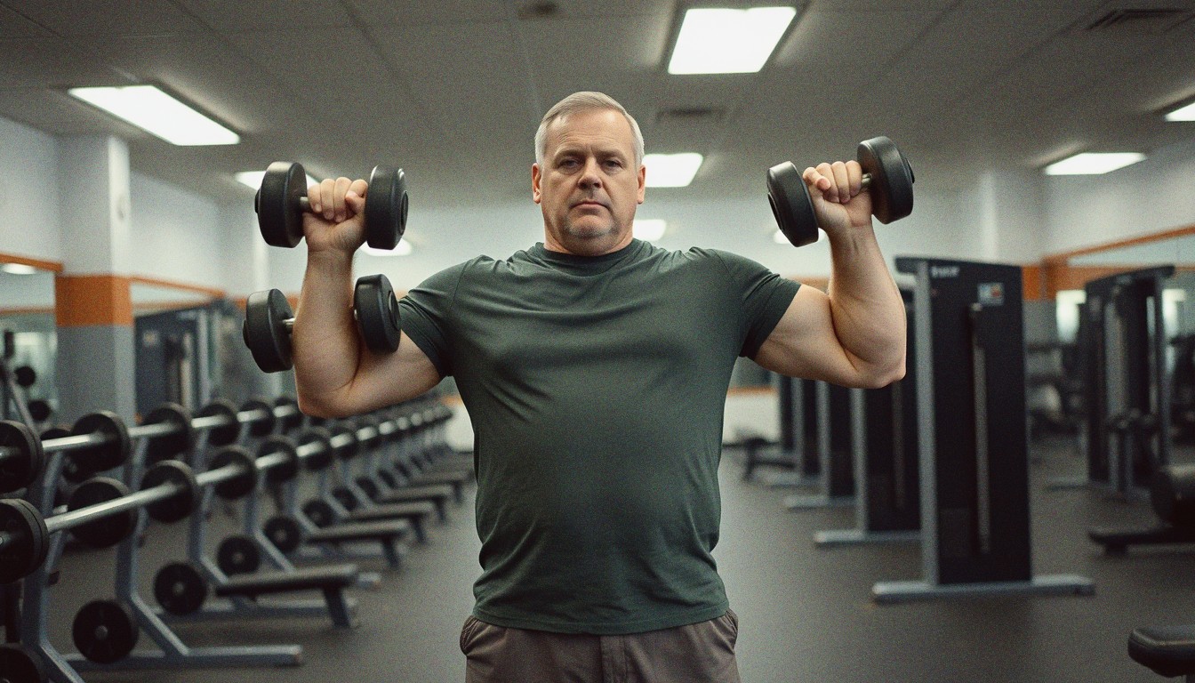 A man in his late thirties pressing dumbbells at shoulder height in the free-weights area of a UK gym.