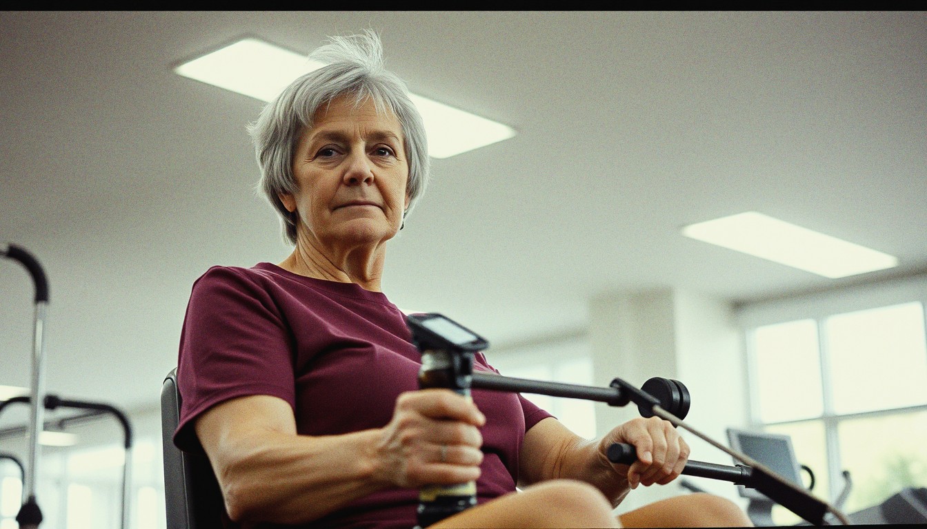A woman in her fifties performing a cable row on a resistance machine in a UK gym.