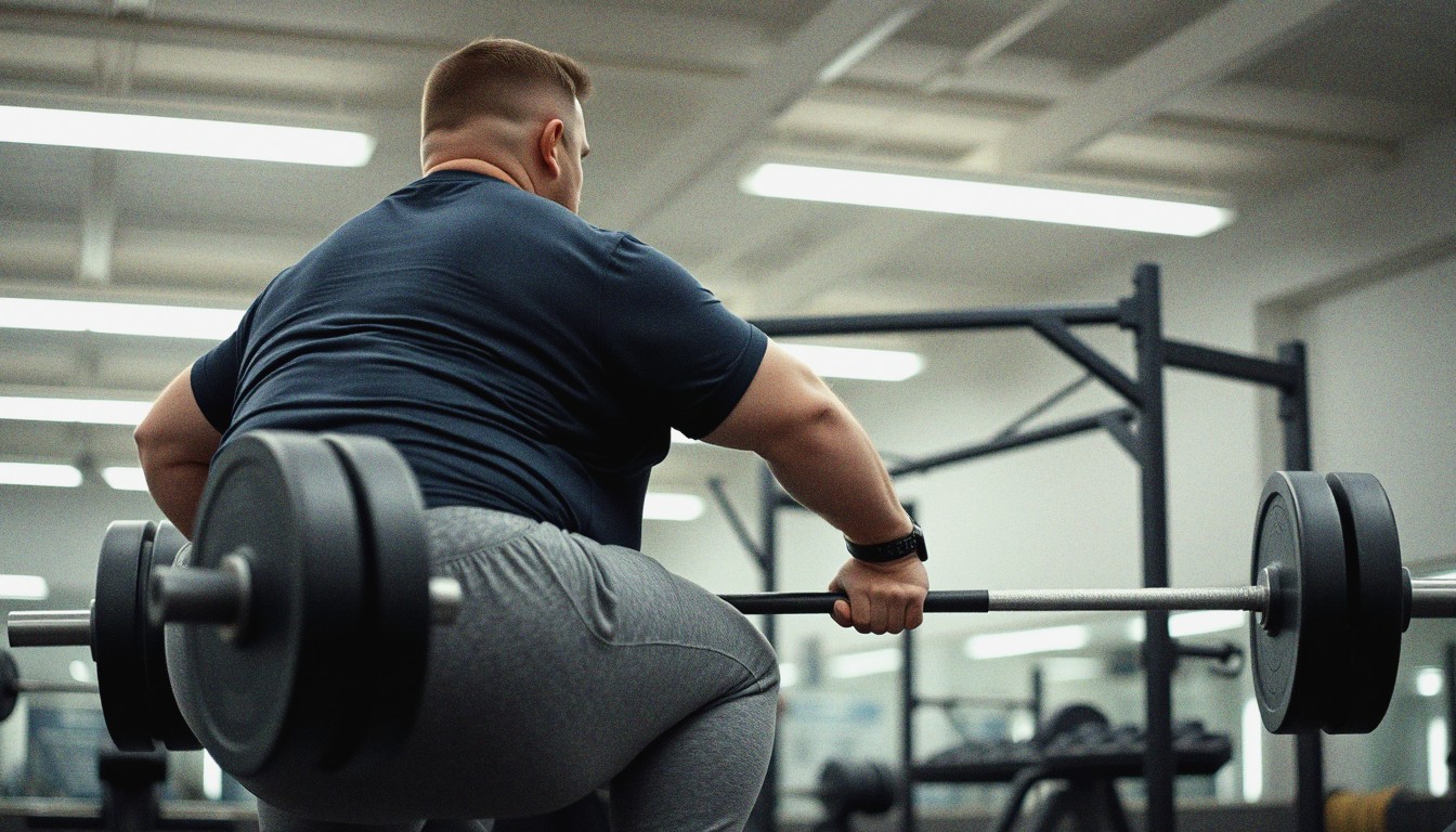 A middle-aged man in a plain navy t-shirt at the bottom of a barbell squat inside a UK gym with fluorescent overhead lighting.