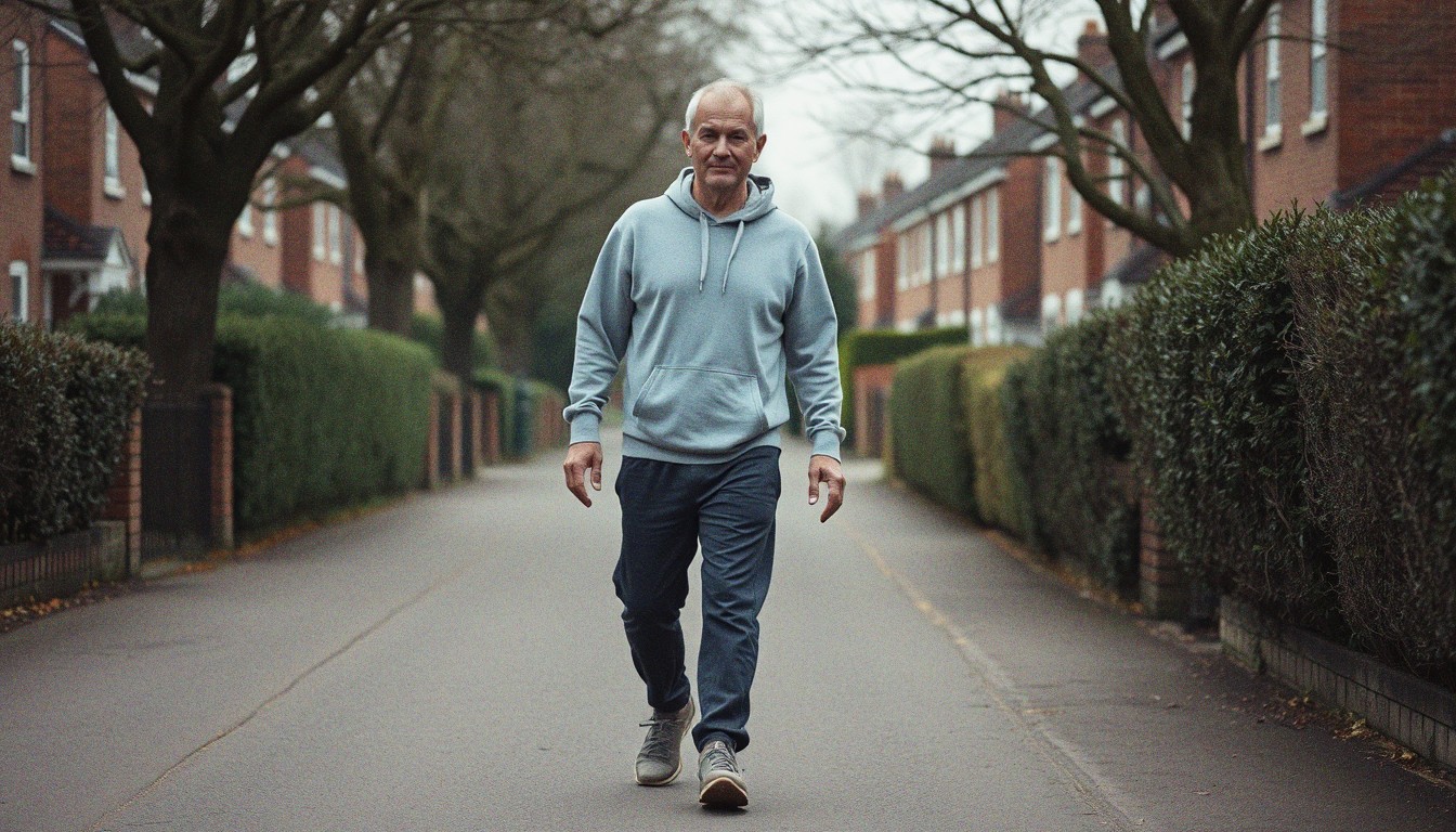 A middle-aged man in a plain grey hoodie walks alone along a quiet suburban street on an overcast day.