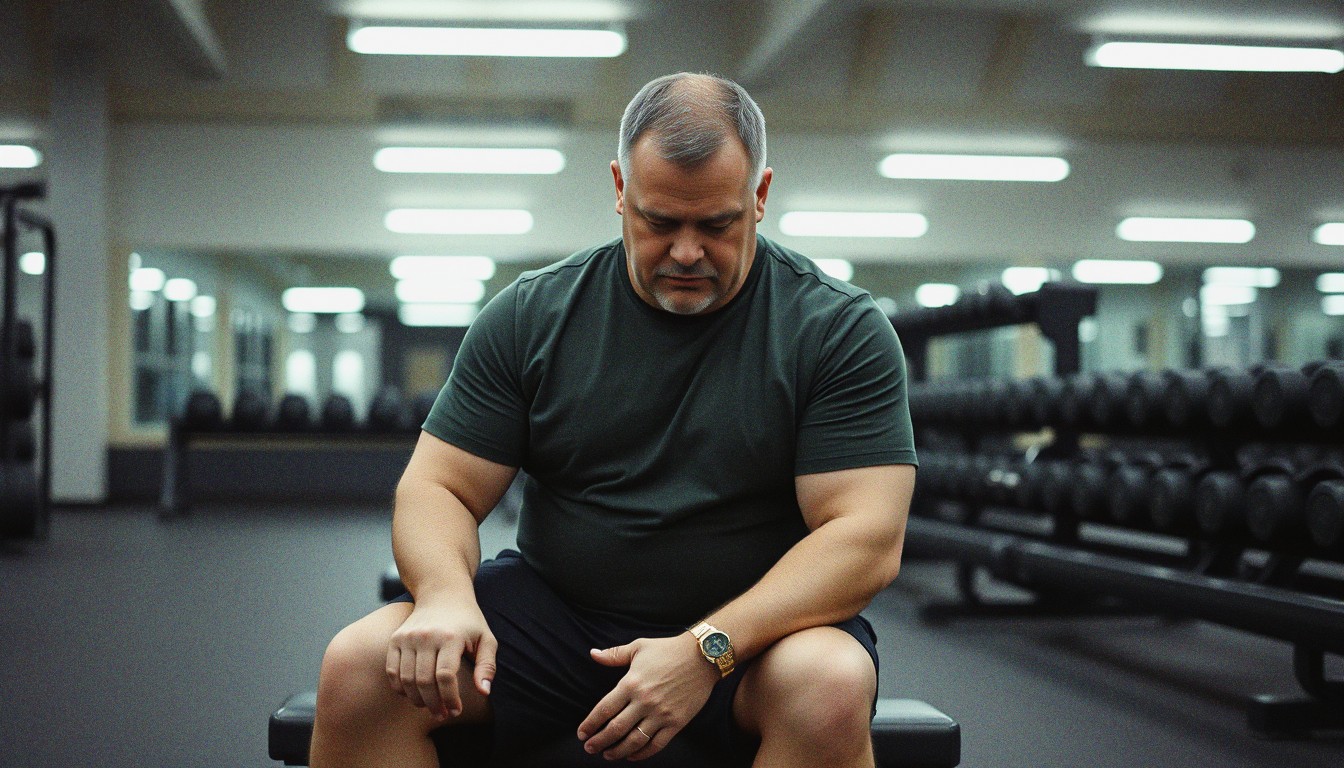 A heavyset man sits on a weight bench in a gym between sets, resting with his elbows on his knees and looking at the floor.