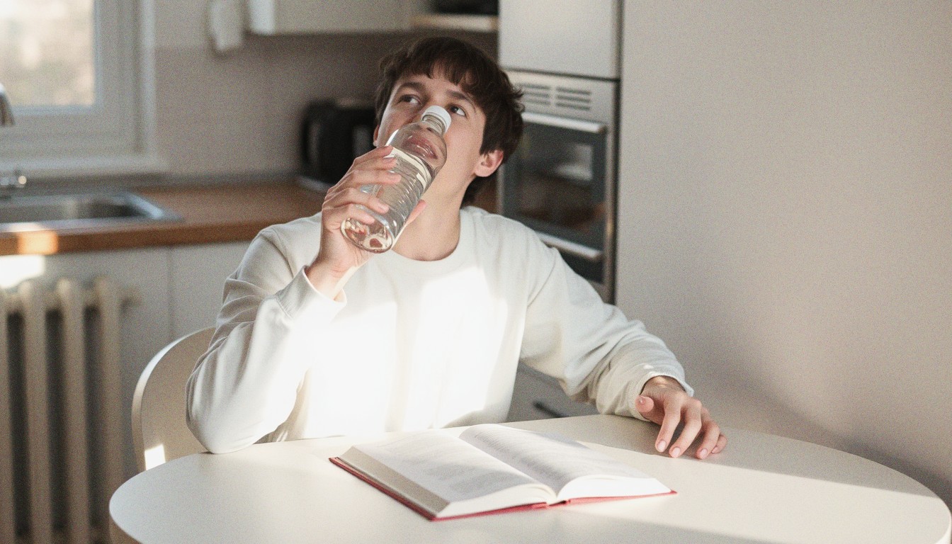 A person drinking from a plain water bottle at a kitchen table with natural light and a book open in front of them.