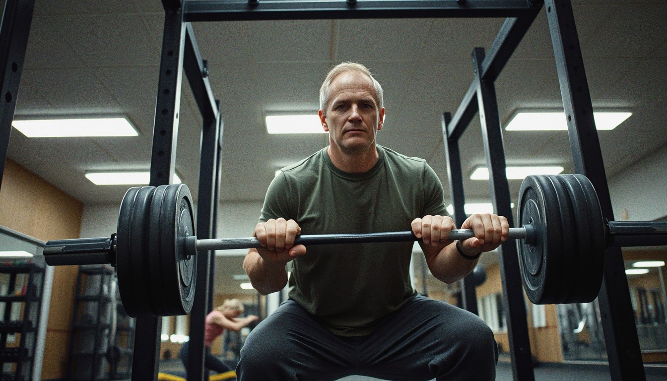 A middle-aged man doing a barbell squat in a fluorescent-lit UK gym, with another gym member stretching in the background.