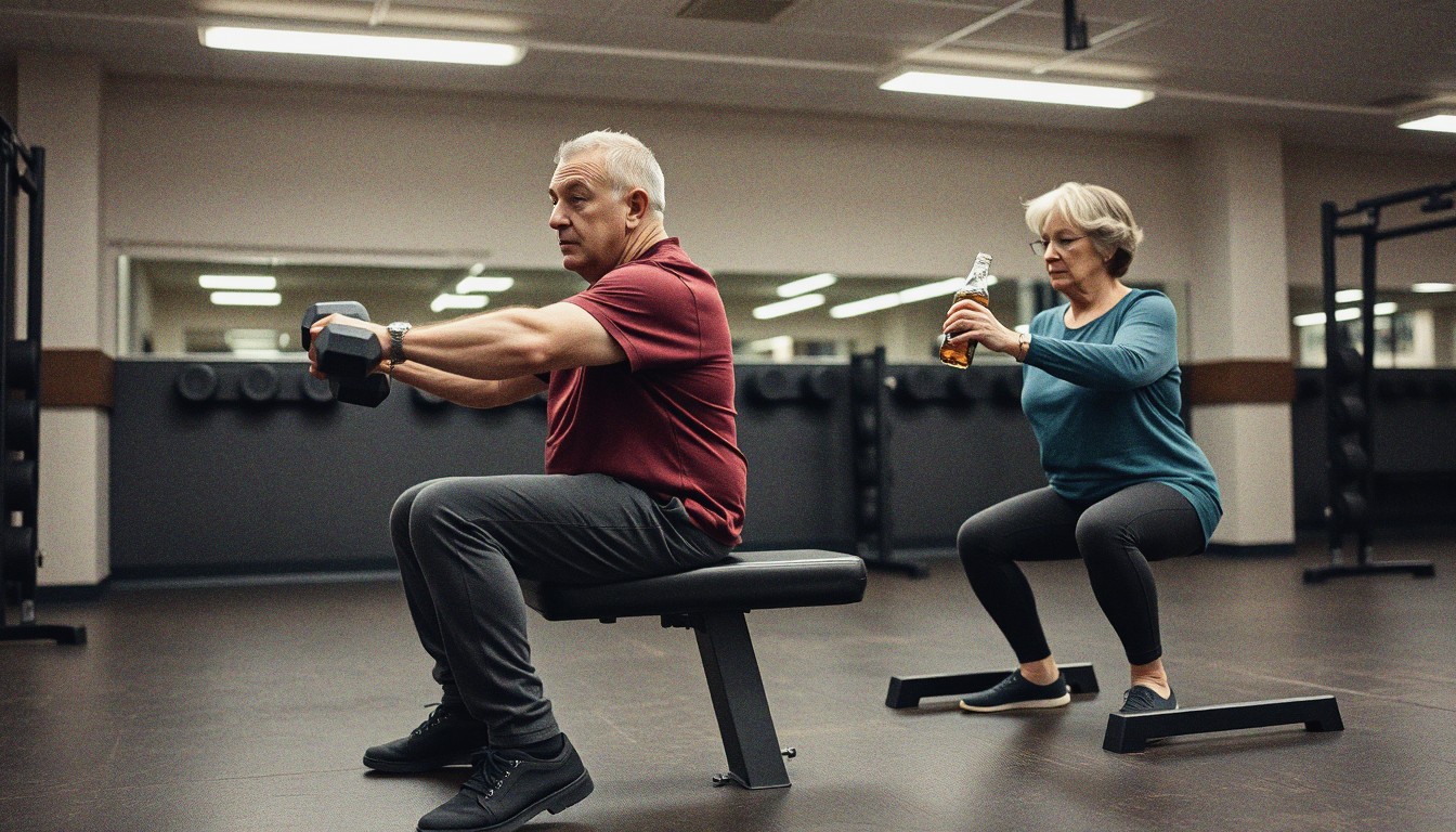 A middle-aged man doing a dumbbell row on a bench while an older woman does a bodyweight squat beside a squat rack in a real gym.