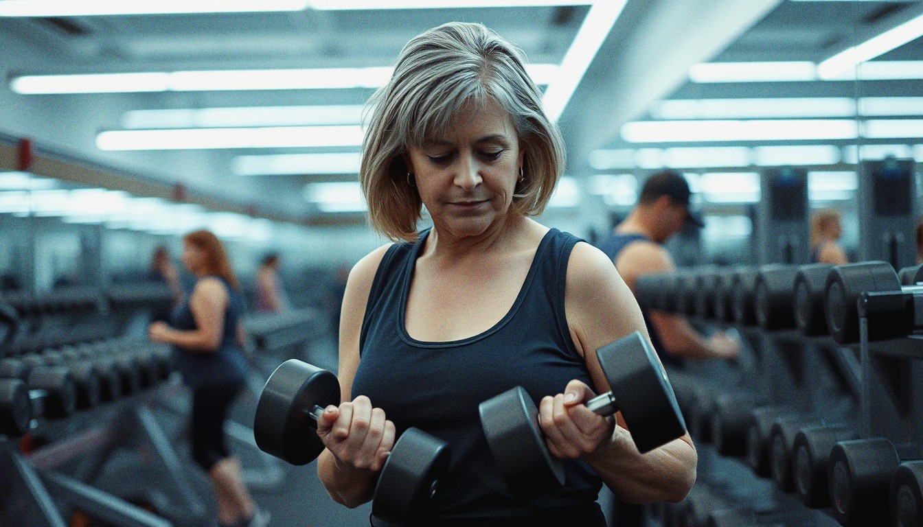 A woman in her fifties standing at a dumbbell rack in a gym, looking down at the weights with a tired expression.