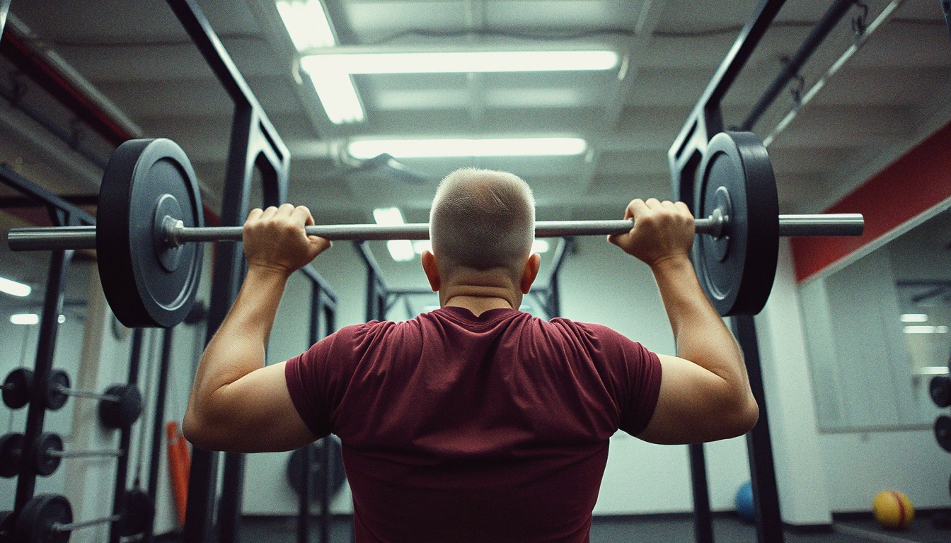 A man at the bottom of a barbell back squat in a well-used UK gym under fluorescent lighting.