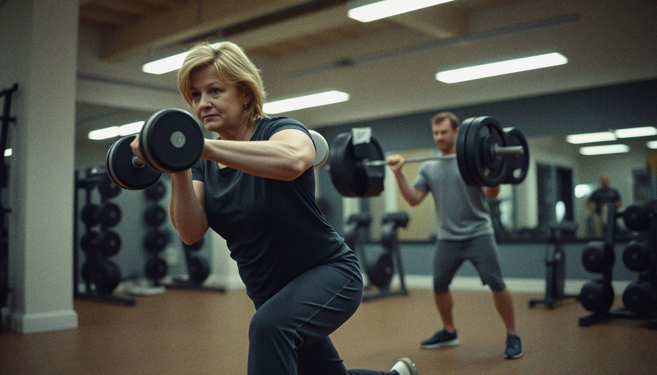 A woman doing a dumbbell reverse lunge in the foreground of a UK gym while a man squats with a barbell in the background.