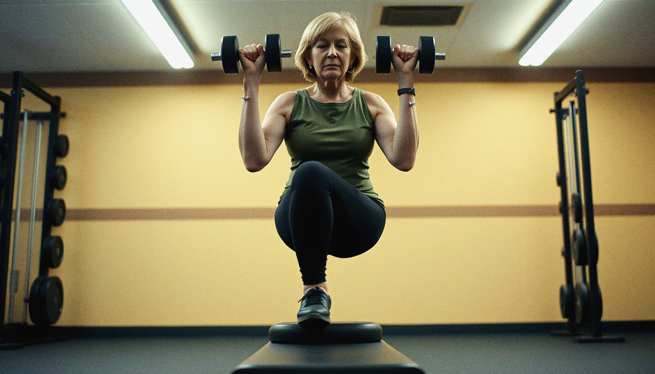 A woman performing a Bulgarian split squat with dumbbells in a UK gym, rear foot on a bench.