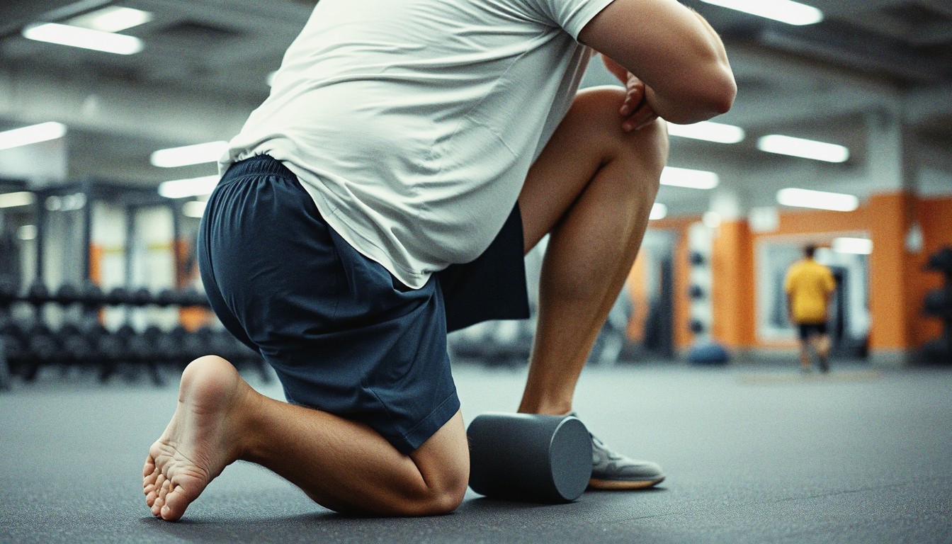 Older man using a foam roller on his outer thigh on a gym floor, weights visible in the soft background.