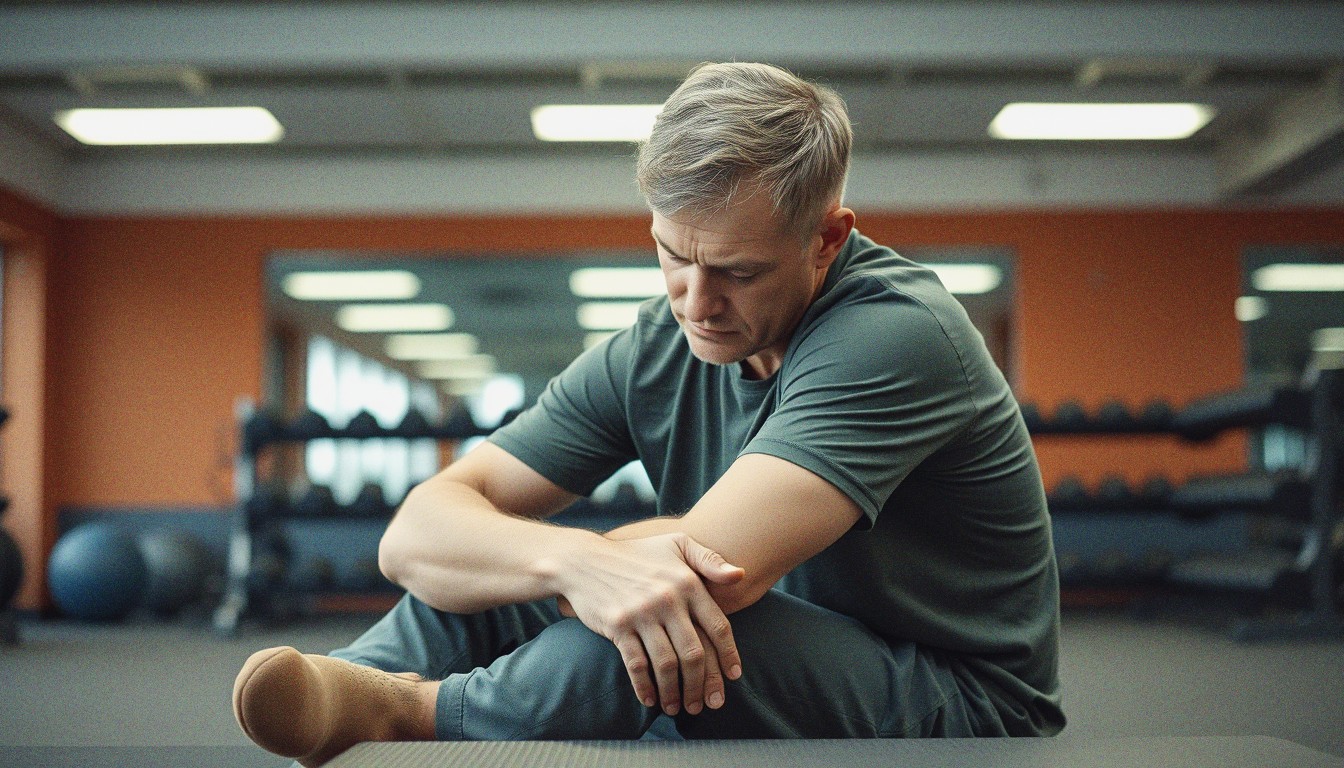 Middle-aged man sitting on a gym mat after a workout, resting with elbows on knees, gym equipment blurred in the background.