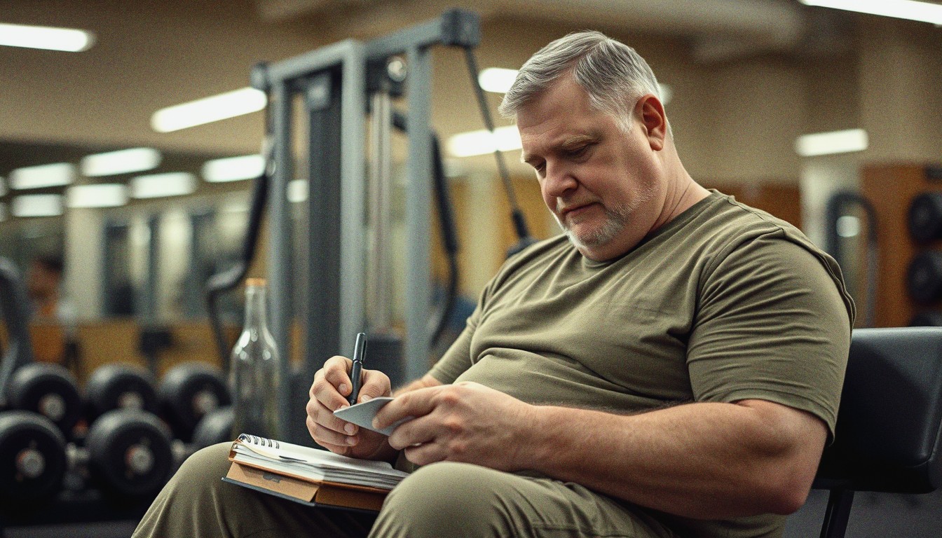 A man in his fifties sits on a gym bench writing in a notebook between sets, with gym equipment visible out of focus behind him.