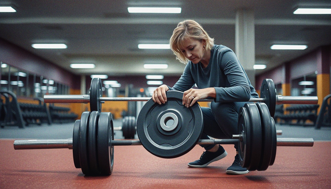 A woman in her mid-forties adds a weight plate to a barbell resting on a gym floor.
