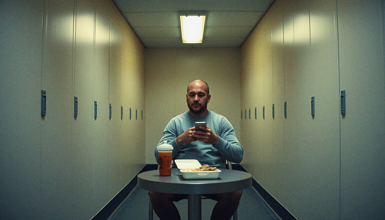A man sitting alone in a gym corridor holding a protein shaker, with an unopened packed lunch pushed to the side of the table.