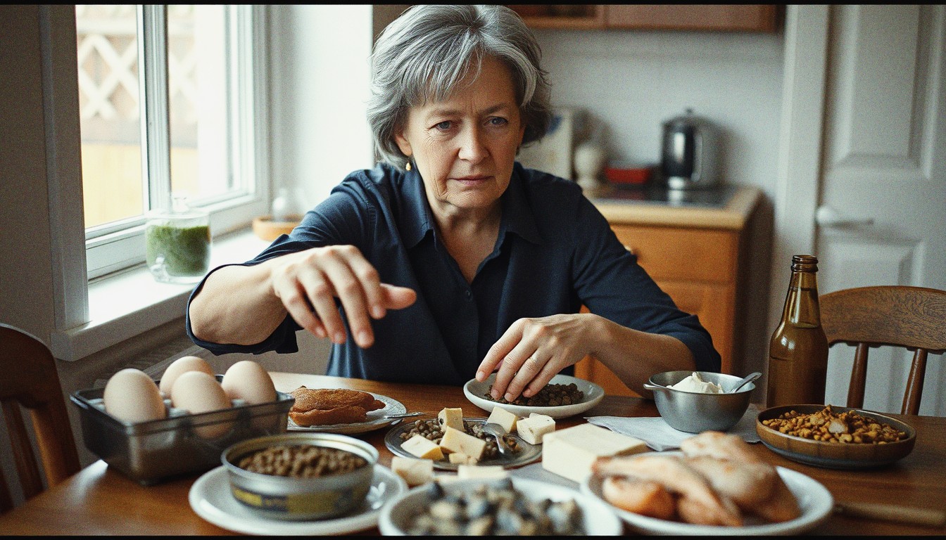 A woman in her fifties at a kitchen table with an informal spread of whole-food proteins including boiled eggs, sardines, lentils, cheese and chicken.