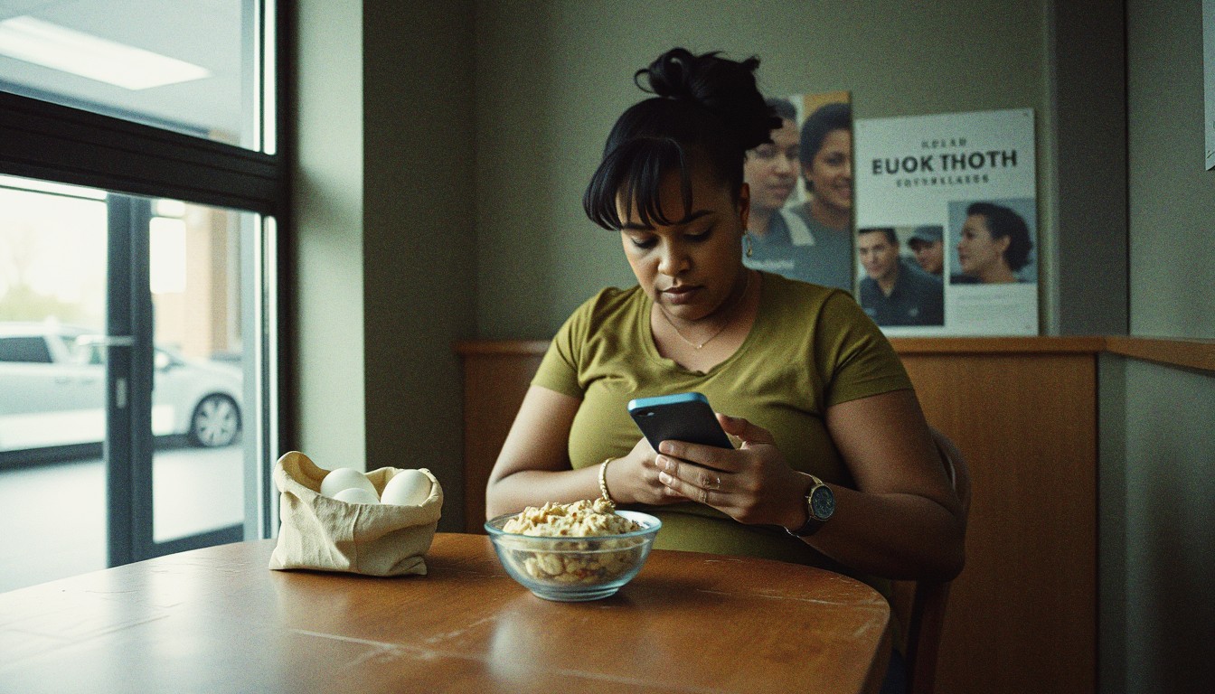 A middle-aged woman sits at a table in a gym café area with eggs, hummus, and dried legumes in front of her, looking at her phone under fluorescent lighting.