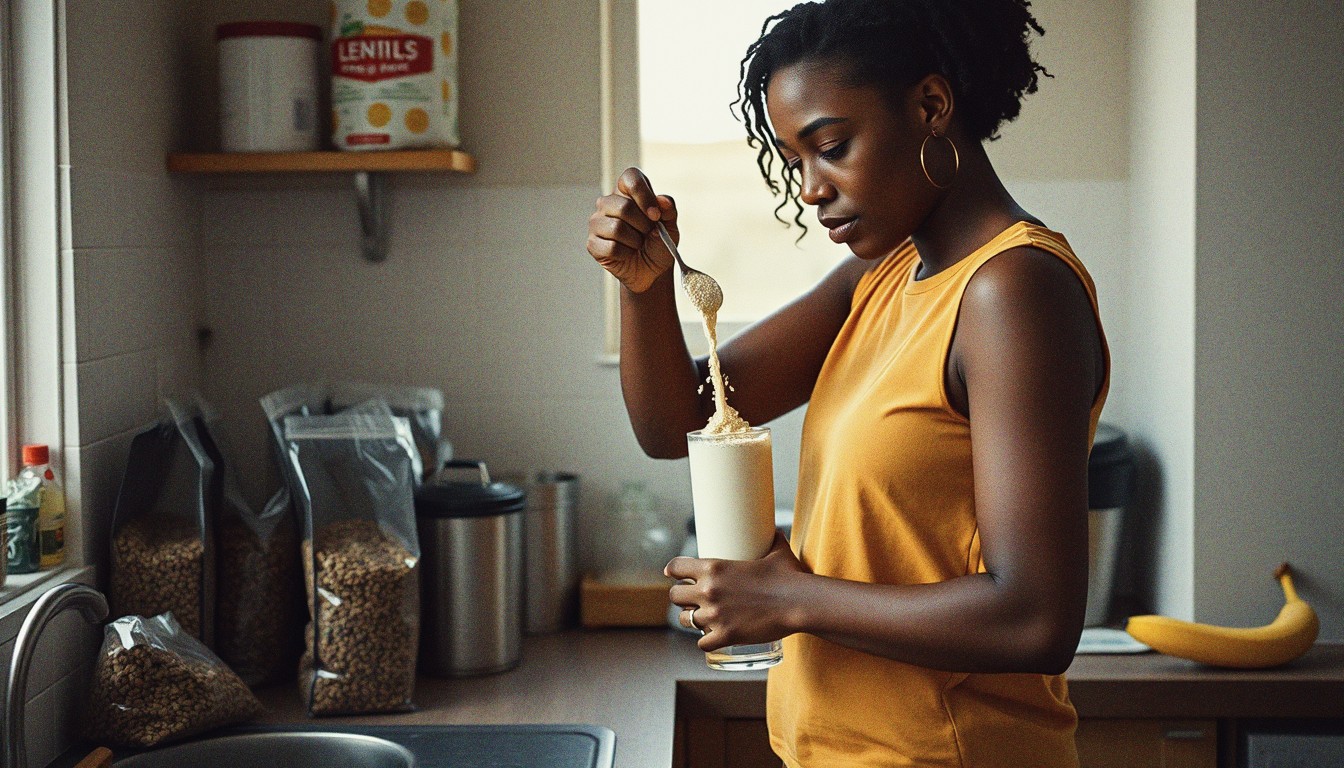 A young woman in a home kitchen mixes a protein drink at a counter surrounded by dried lentils, oat milk, and a banana in morning window light.