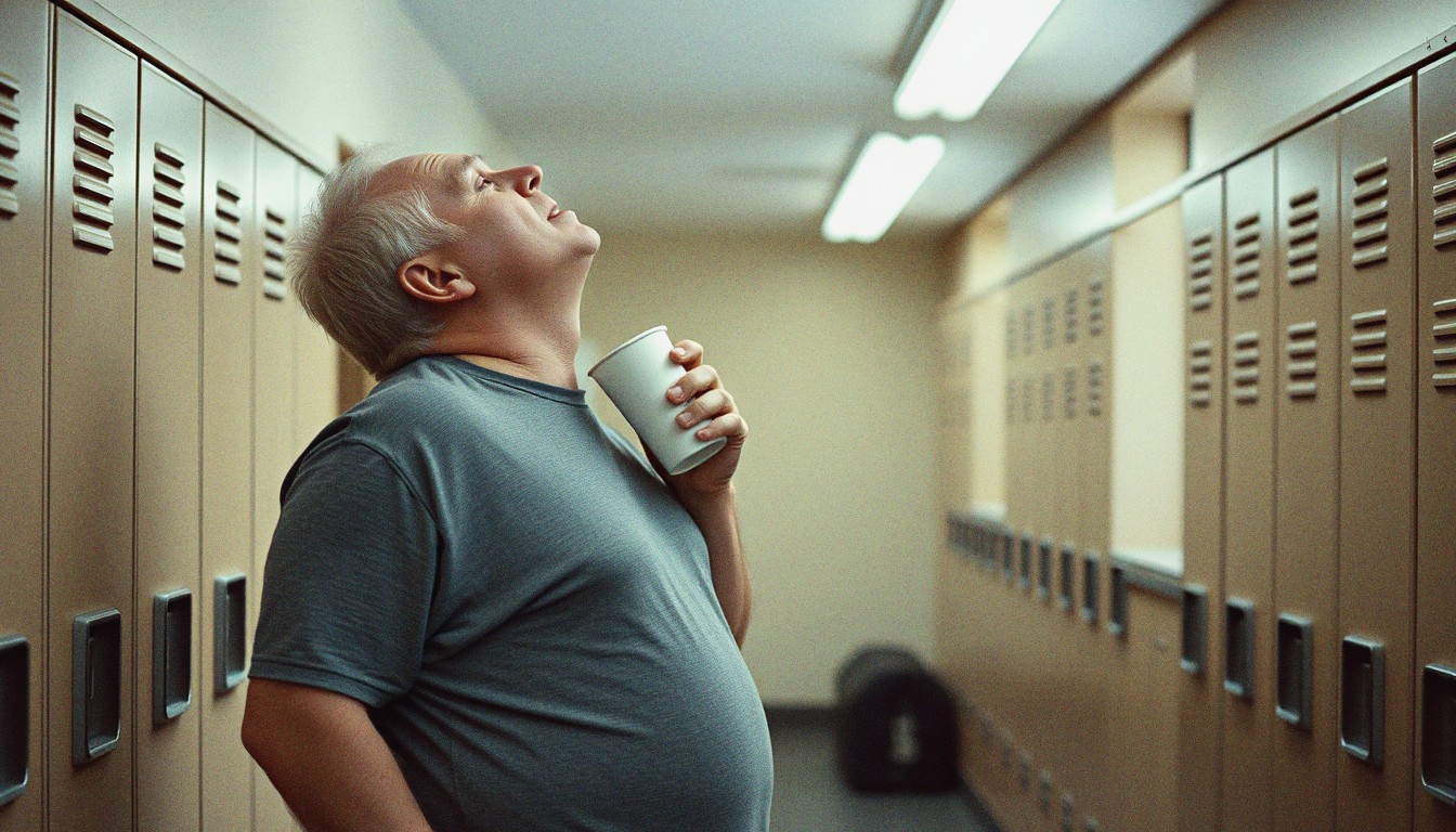 An older man in a gym changing-room corridor finishes a drink from a plain white cup after a workout, sports bag on the floor beside him.