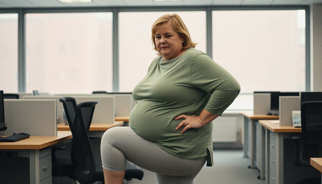 A woman standing beside her office chair lifting one knee in a marching movement, open-plan office and window visible behind her.